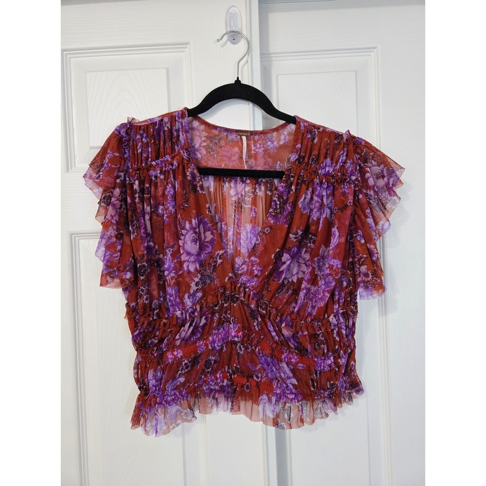 Free People Floral Smocked Mesh V-Neck Ruffle Sleeve Blouse Rust Purple XL
